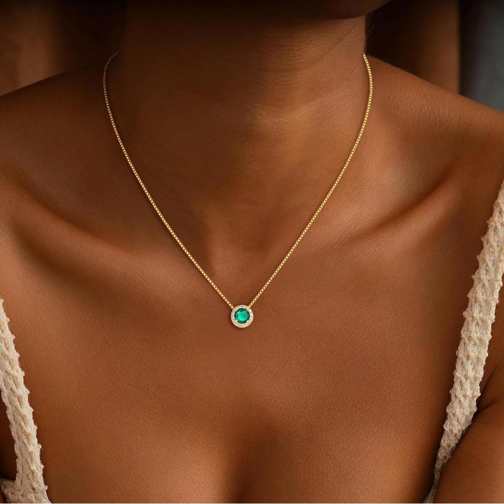 Gold Necklace with Emerald Green May Birthstone Pendant - Women Jewelry